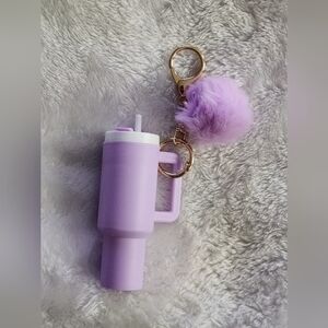 Purple Watwr Tumbler Keychain with Pom Pom Bag Charm